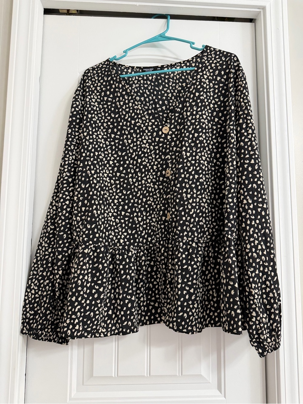 SHEIN Black and Cream Button-Front Peplum Blouse